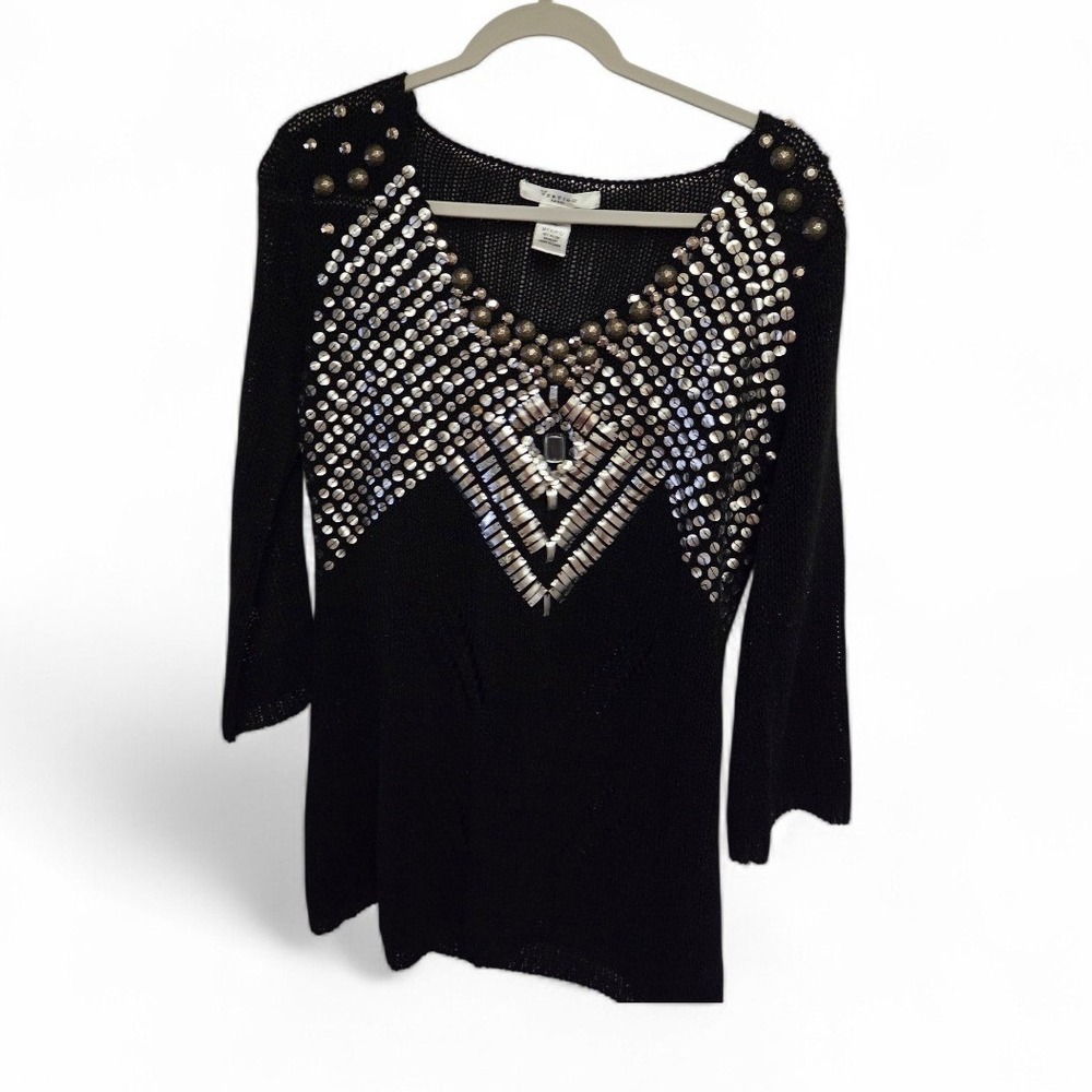 Vintage 90sVertigo Paris‎ Black Embellished Sequin Studded Open Knit Sweater XL